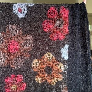 Rikka Black Double Layered Loose Knit Scarf Flower Design Mini Pom Pom Edge Boho